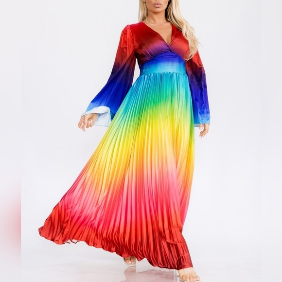 Rainbow Ombre Satin Pleated Womens Long Bell Sleeve V-Neck Colorblock - Picture 3 of 5